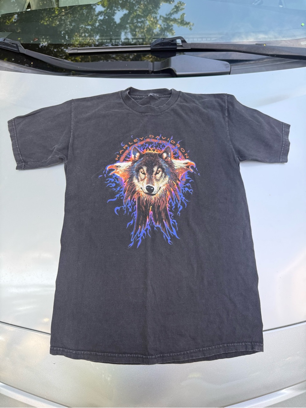 Harley-Davidson Black Tee with Wolf Flame Graphic in Blue and Orange